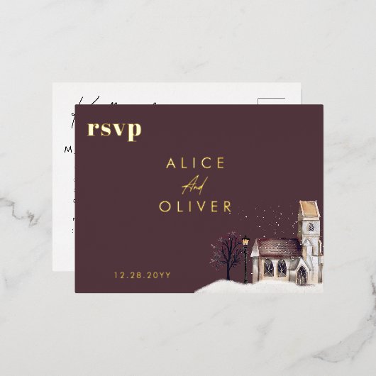 教会の水彩冬の宗教儀式RSVP 箔招待状ポストカード (正面/裏面)