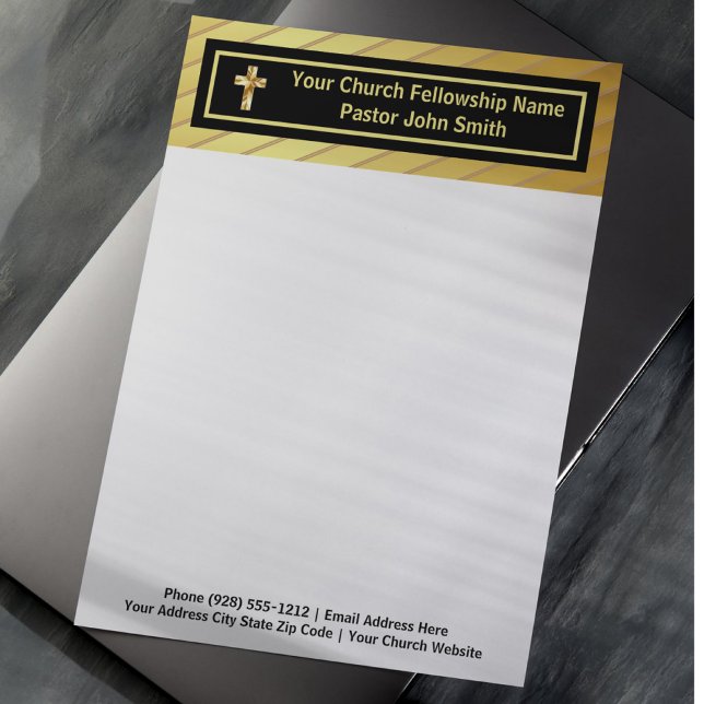 教会の牧師の上品な金ゴールドとブラック レターヘッド (Church Pastor Classy Gold And Black Letterhead)