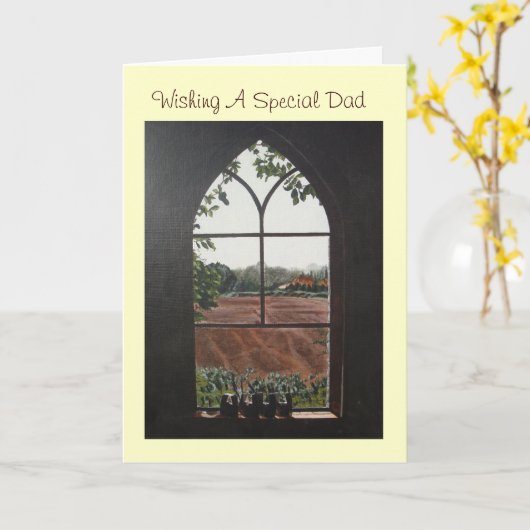 教会の窓から見た田園風絵画景 カード (黄色い花)