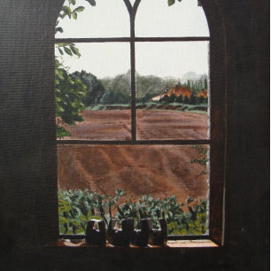 教会の窓から見た農村風景の絵画景色 ツートーンマグカップ