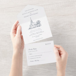 教会の結婚式の会場スケッチ オールインワン招待状