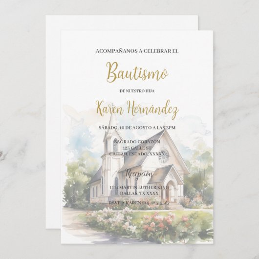 教会の背景を持つ洗礼 招待状 (正面/裏面)