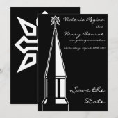 教会の鐘楼 セーブ・ザ・デート 招待状 ブラック (正面/裏面)