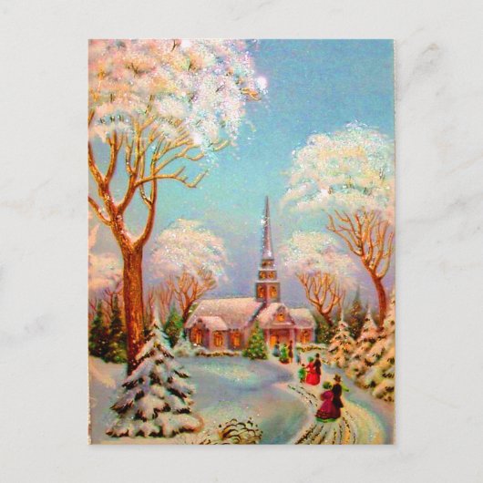 教会の雪景色 ビンテージアート ポストカード (正面)