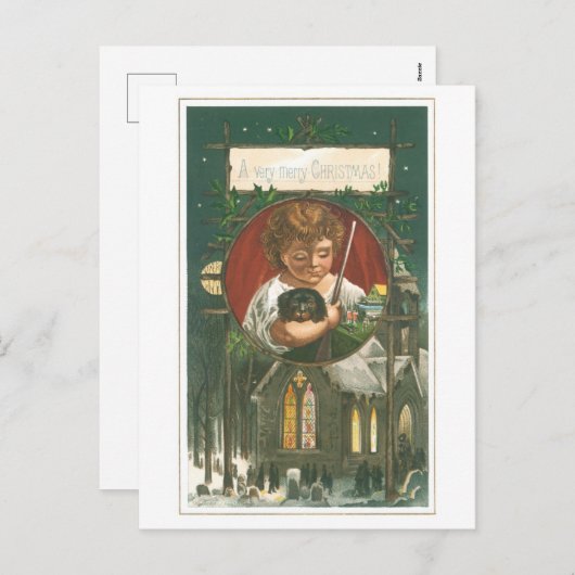 教会ファッションドの古いクリスマス シーズンポストカード (正面/裏面)