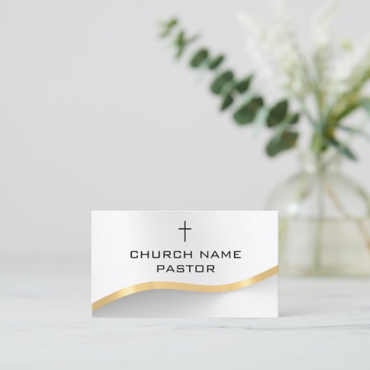 教会モダン牧師シルバー金ゴールド十字架 名刺 (スタンド正面)