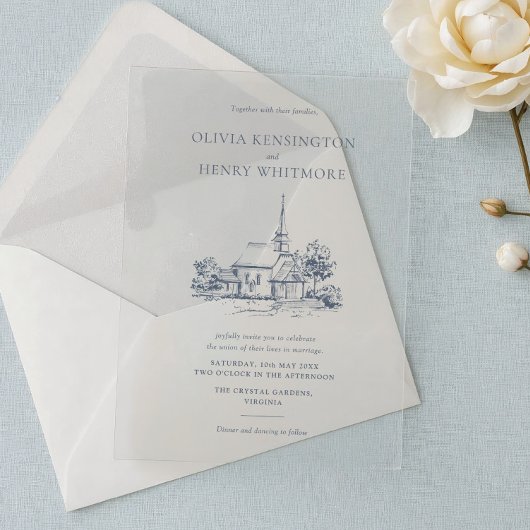 教会会場のスケッチ ミニマリストの結婚式 アクリル招待状