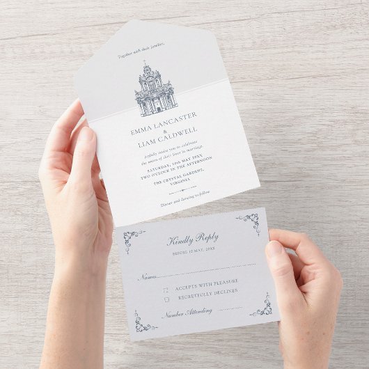 教会会場のスケッチ ミニマリストの結婚式 オールインワン招待状