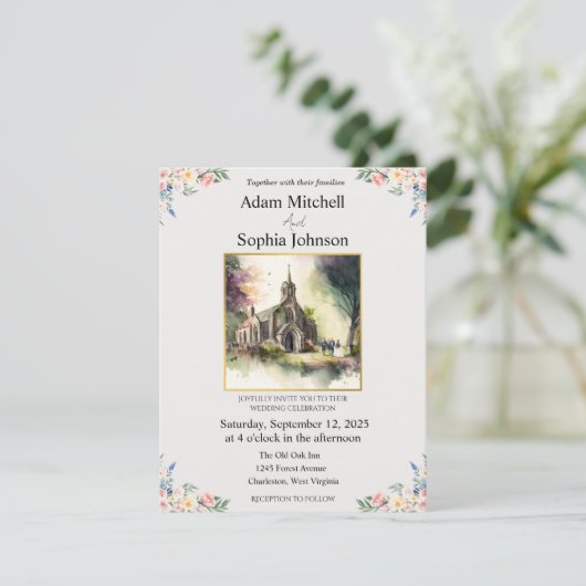 教会伝統的の水彩結婚式の招待 (スタンド正面)