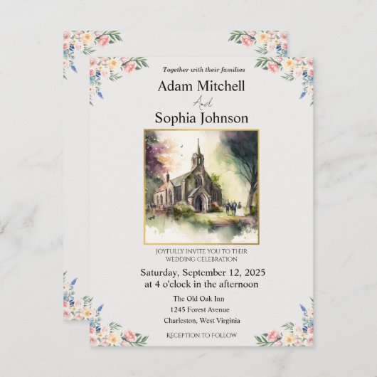 教会伝統的の水彩結婚式の招待 (正面/裏面)