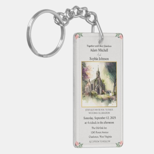 教会伝統的の水彩結婚式の招待 キーホルダー (正面左)
