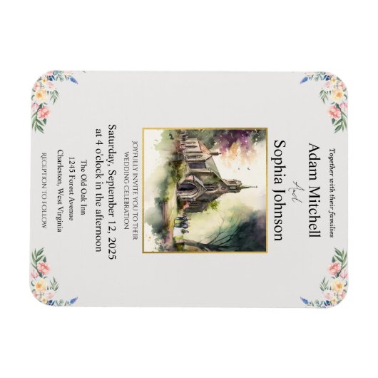 教会伝統的の水彩結婚式の招待 マグネット (横)