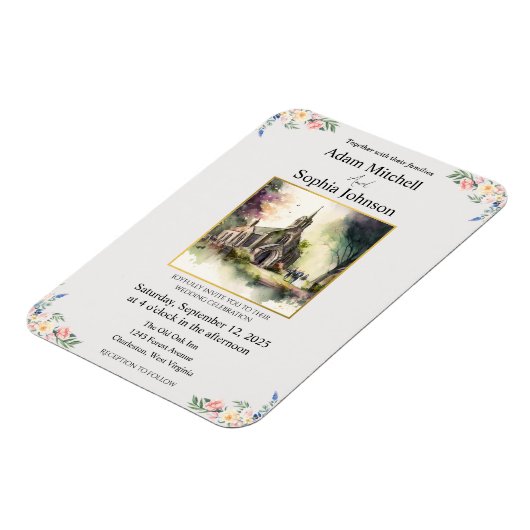 教会伝統的の水彩結婚式の招待 マグネット (左側)