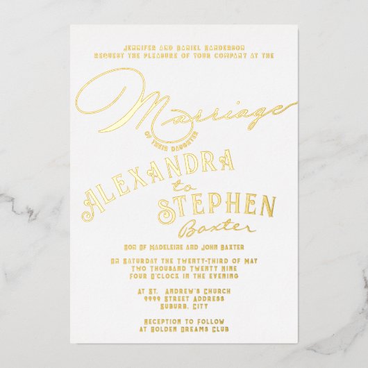 教会式結婚式の祝い、素朴なスクリプトのウェディング 箔招待状 (正面)