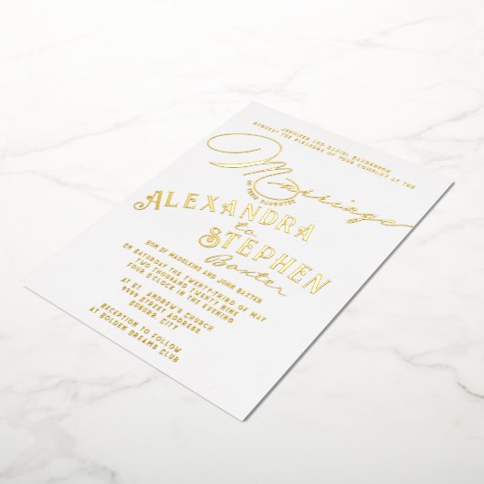 教会式結婚式の祝い、素朴なスクリプトのウェディング 箔招待状 (回転した状態)