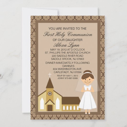 教会招待状によるかわいらしい最初聖餐の女の子 招待状 (正面)