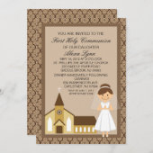 教会招待状によるかわいらしい最初聖餐の女の子 招待状 (正面/裏面)