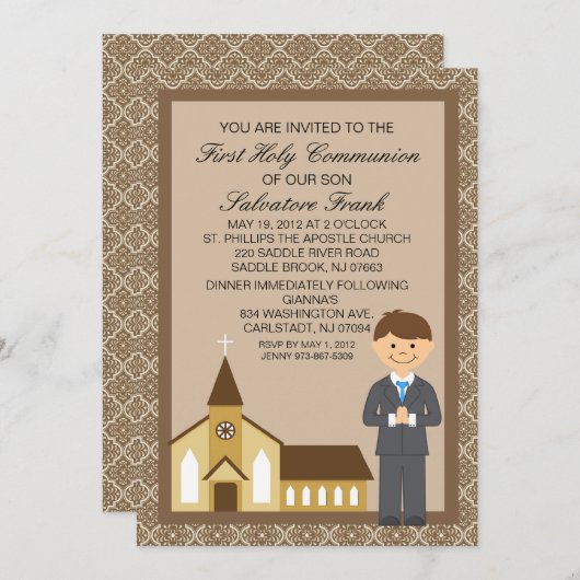 教会招待状による最初聖餐の男の子 招待状 (正面/裏面)