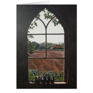 教会窓の絵画からの田園景色の眺め