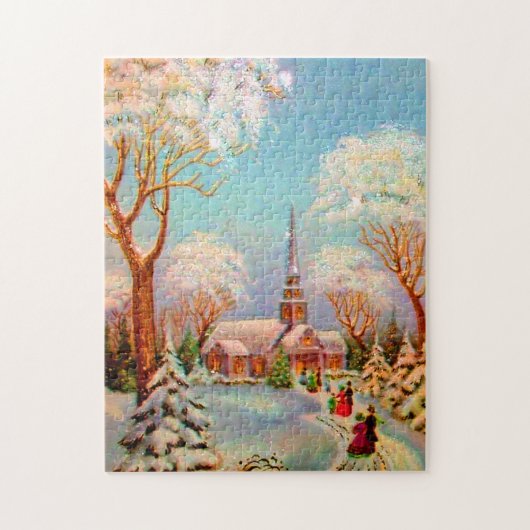 教会雪景画ヴィンテージ絵はがき ジグソーパズル (縦)