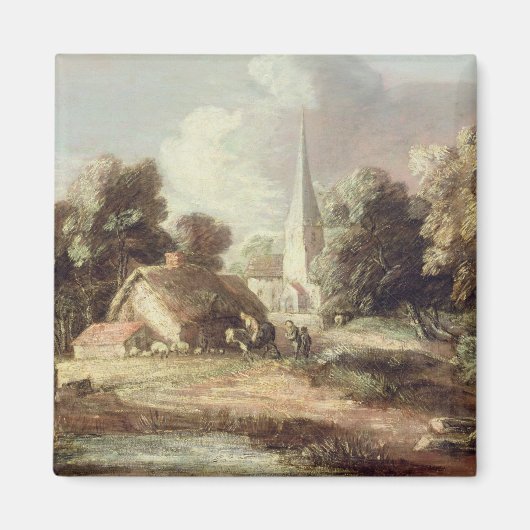 教会、コテージ、村人とアンの風景 マグネット (正面)