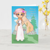 教女の最初聖餐式の小さな女の子およびc カード (黄色い花)