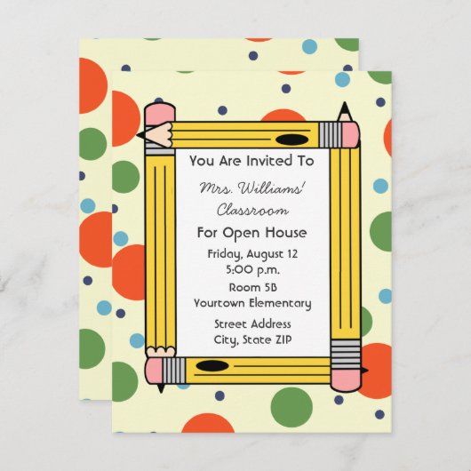 教室の開いた家の黄色い鉛筆及び点 招待状 (正面/裏面)