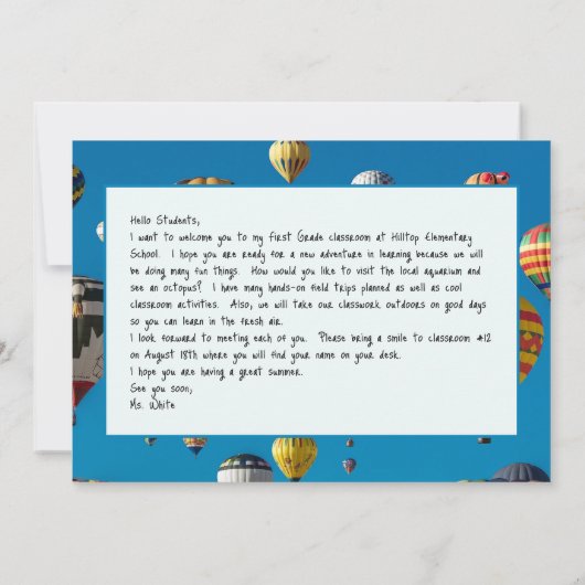 教室ウェルカムメッセージホットエアバルーンのカード 招待状 (裏面)
