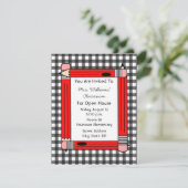 教室オープンハウス:赤鉛筆、灰色ギンガム 招待状 (スタンド正面)