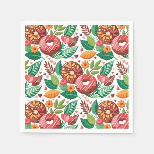 教室バレンタインのドーナツと花の装飾 スタンダードカクテルナプキン (正面)