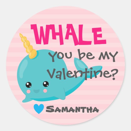 教室Narwhal Valentine "Whale you be mine" ラウンドシール (正面)