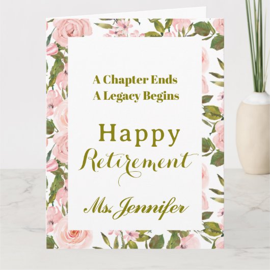 教師のためのピンクの花のハッピーリタイアメントカード カード (正面)
