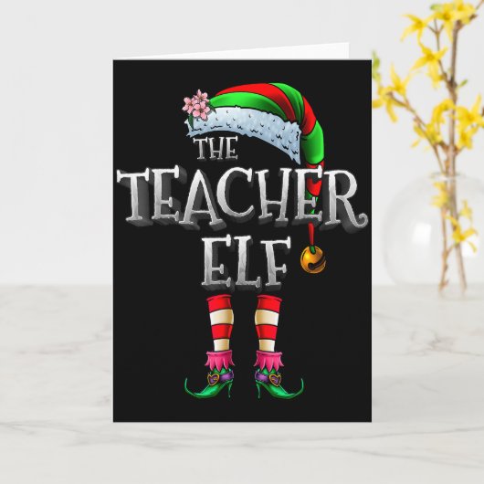 教師のエルフの服 家族とお揃いの面白いクリスマス カード (黄色い花)