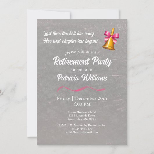 教師のクラシック学校の鐘の引退パーティー 招待状 (正面)