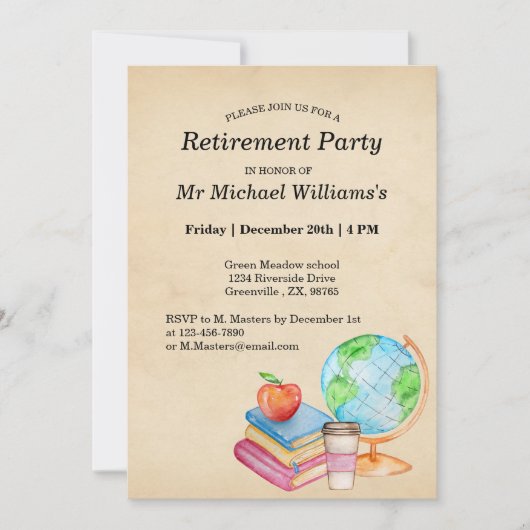 教師のヴィンテージ地球儀の本　引退パーティー 招待状 (正面)