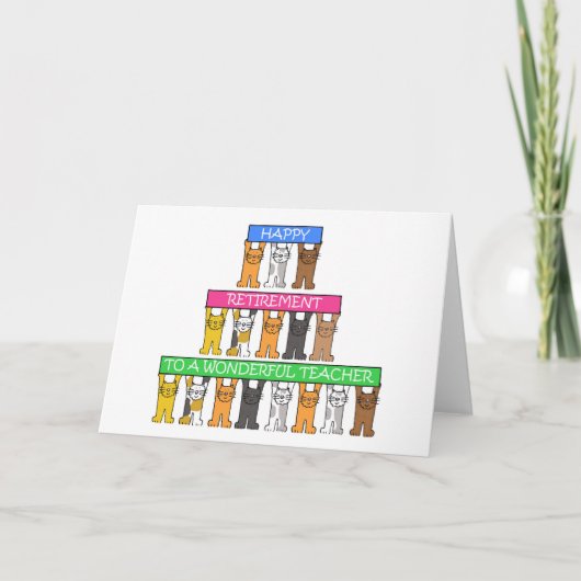 教師の退職おめでとう カートゥーン 猫 カード (正面)