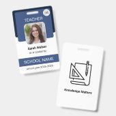 教師写真IDバッジ - 学校職員 - ネイビーブルー バッジ (正面&裏面)