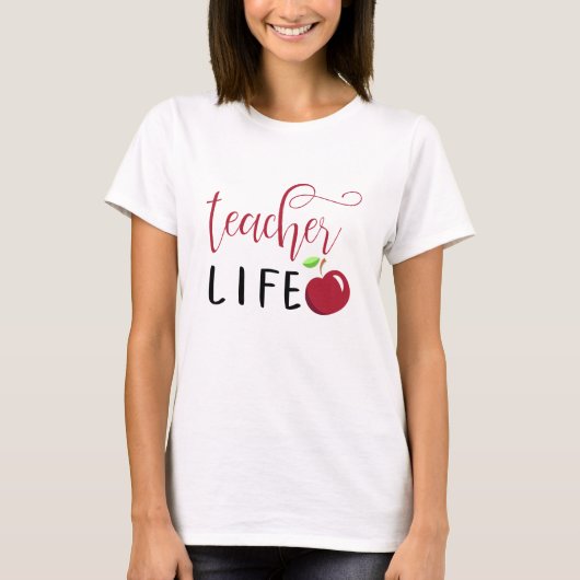 教師生活 赤いリンゴ タイポグラフィ 先生 Tシャツ (正面)