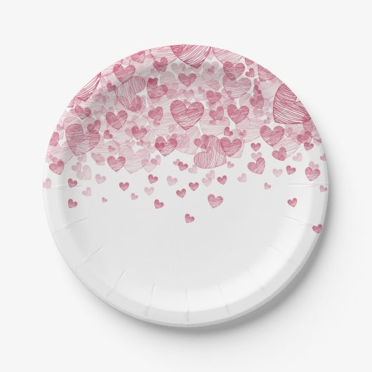 散乱赤いハートバレンタインデーパーティー ペーパープレート (正面)