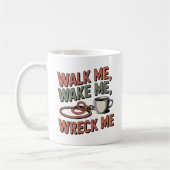 散歩させて、起こさせて、疲れさせて | 犬の生活ユーモア コーヒーマグカップ (左)