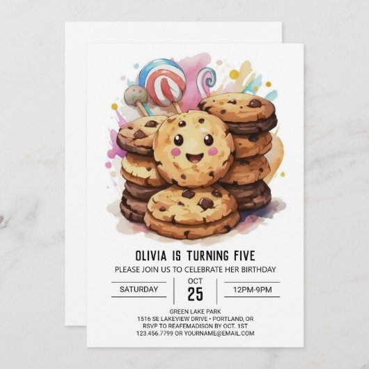 散水カスタム水色Cookie誕生日 招待状 (正面/裏面)