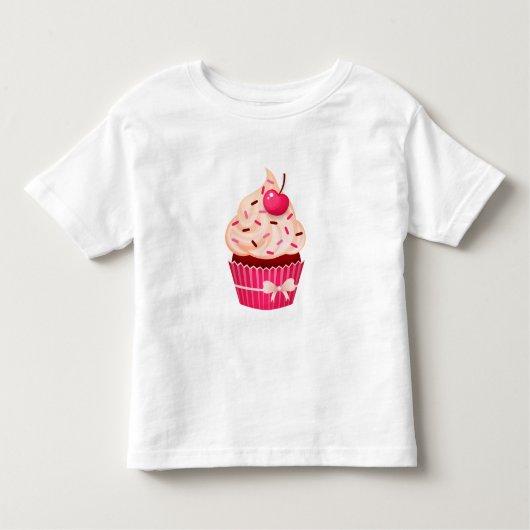 散水ガーリーとさくらんぼのピンクのカップケーキ トドラーTシャツ (正面)