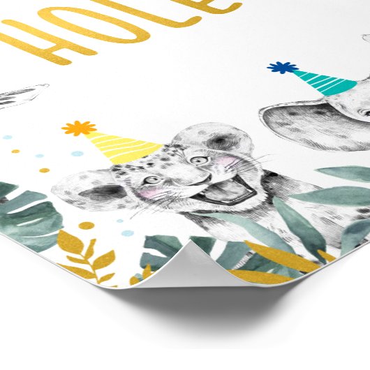 散水ホールブルー金ゴールドパーティー動物誕生日標識 ポスター (角)