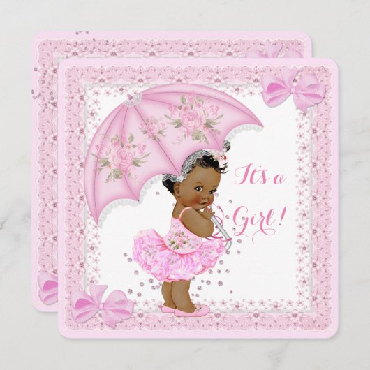 散水民族赤ちゃんシャワーガールピンク傘 招待状 (正面/裏面)