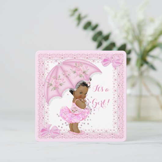 散水民族赤ちゃんシャワーガールピンク傘 招待状 (スタンド正面)