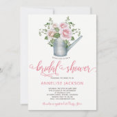 散水缶セージ赤面ピンクのバラブライダルシャワー 招待状 (正面)