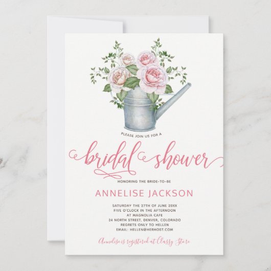 散水缶セージ赤面ピンクのバラブライダルシャワー 招待状 (正面)