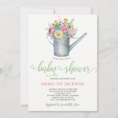 散水缶セージ赤面ピンクのフローラベビーシャワー 招待状 (正面)