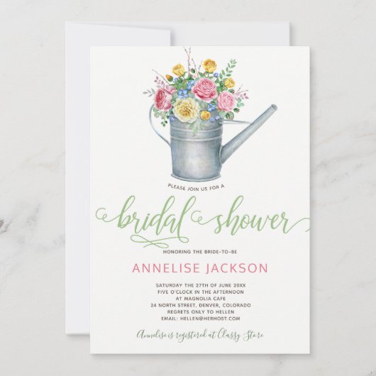 散水缶セージ赤面ピンクフローラブライダルシャワー 招待状 (正面)