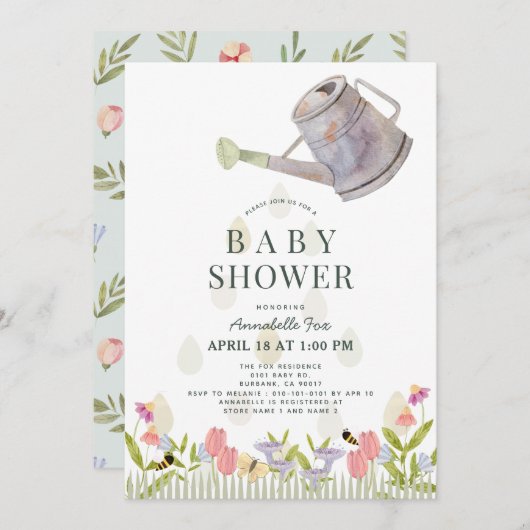 散水缶フローラガーデンテーマベビーシャワー 招待状 (正面/裏面)